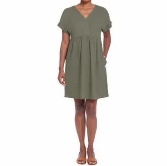 NWOT Briggs New York Greenl Linen Dress Small V-neck Short Sleeved - Picture 1 of 14